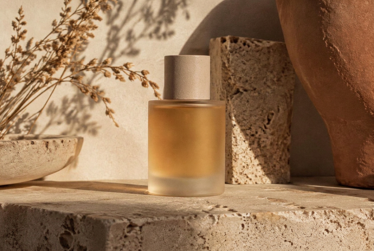 Heid & Seak perfume bottle on warm stone