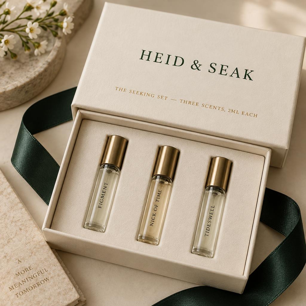The Seeking Set — three 2ml sample vials in an ivory gift box